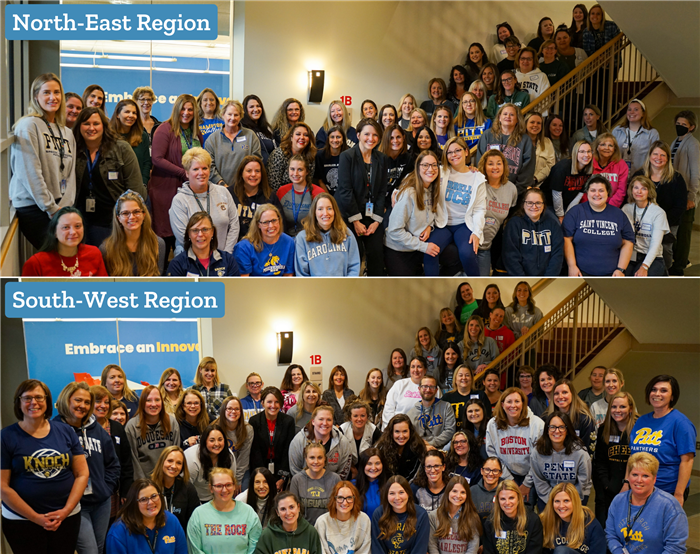Staff posing for a photo. The top photo is staff serving the North-East Region, and the bottom image is a group photo of SW.